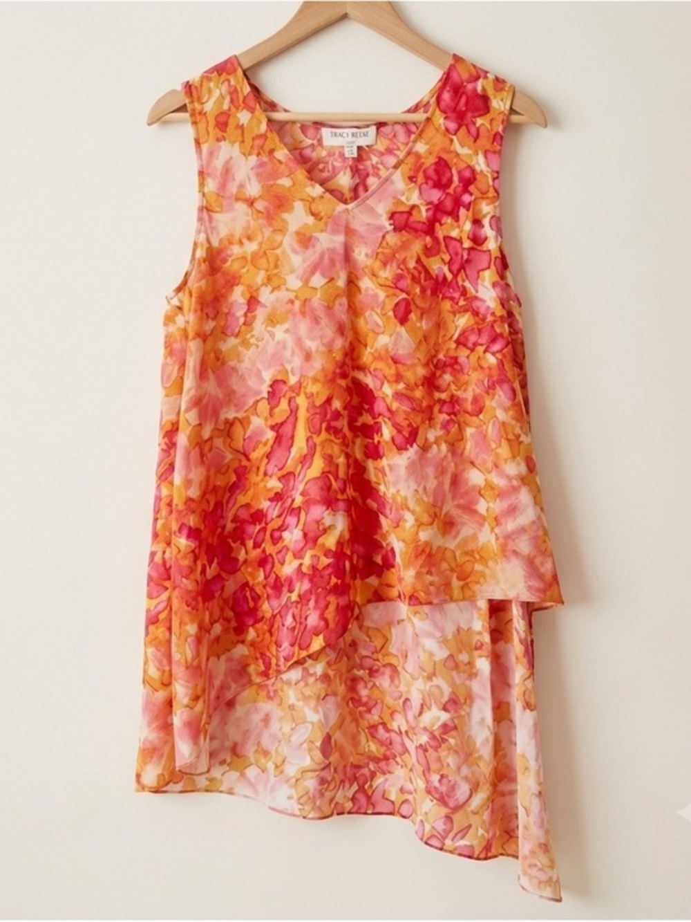 Tracy Reese Lab 100% Silk Watercolor Floral Asymmetrical Blouse Orange Pink Sz M
